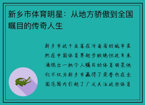 新乡市体育明星：从地方骄傲到全国瞩目的传奇人生