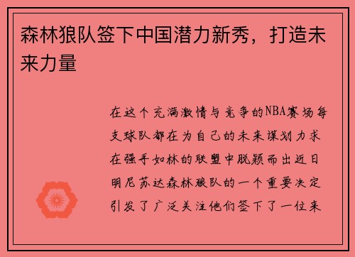 森林狼队签下中国潜力新秀，打造未来力量